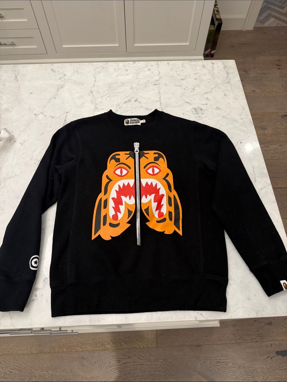 Bape Black Zip-Up Crew Neck Tiger Face Sweatshirt with Orange and Red Graphic
